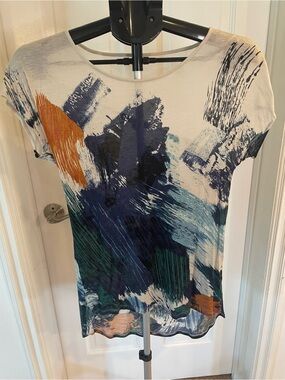 BCBGMaxAzria Abstract Brushstroke Short Sleeve Top - White, Blue, Green, Orange
